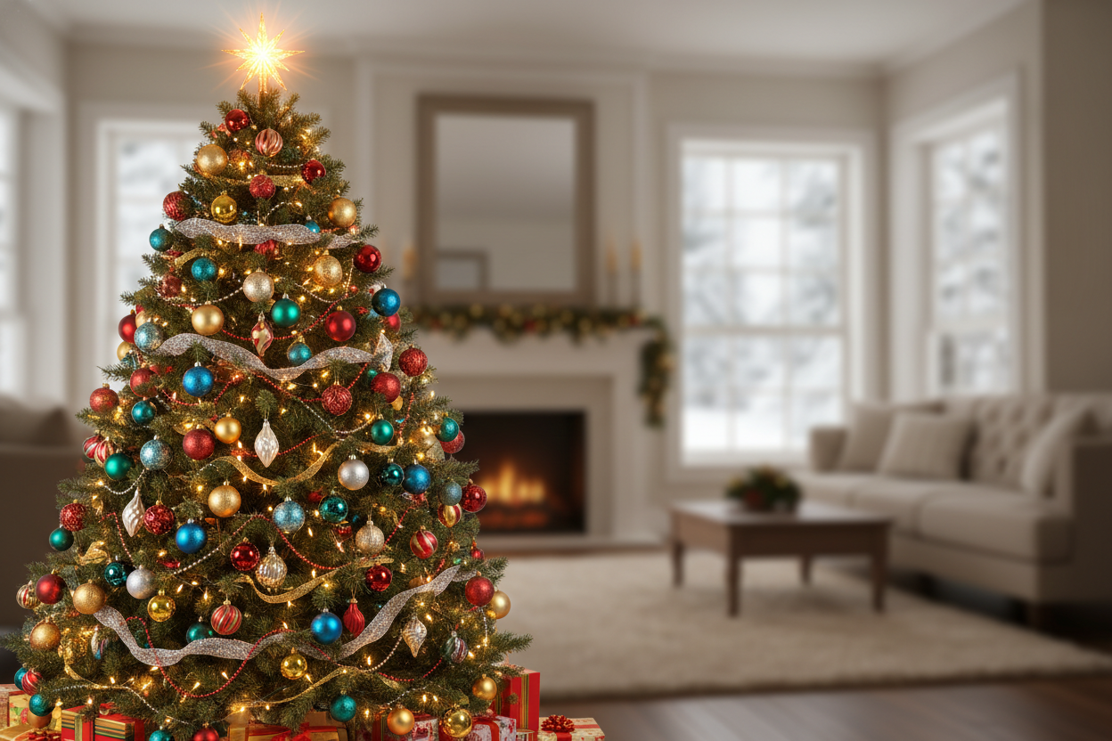 christmas tree with more ornament on it, christmas tree in left-bottom of image