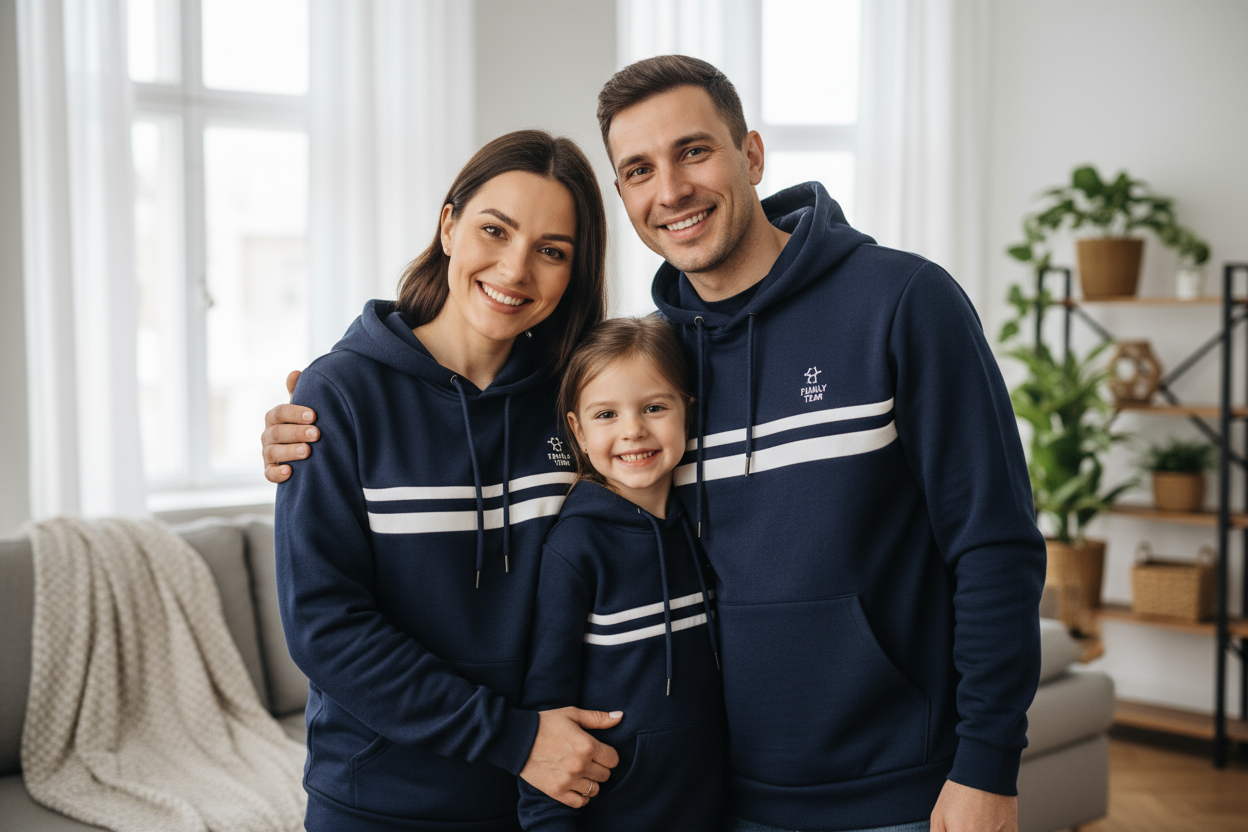 man and woman and them daughter weaing uniform hoodie